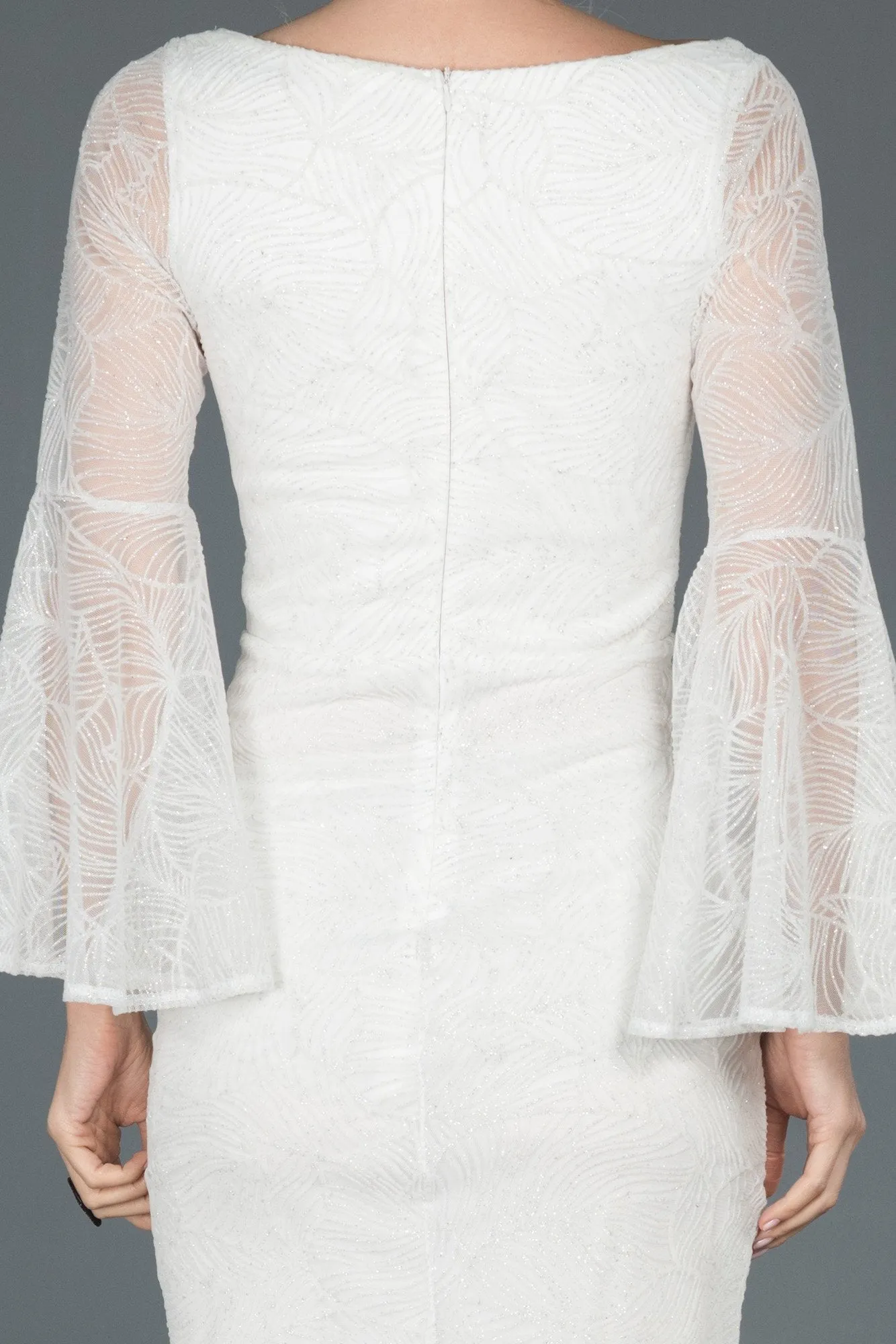 15989 Ecru Bell Sleeve Sequined Tulle Dress