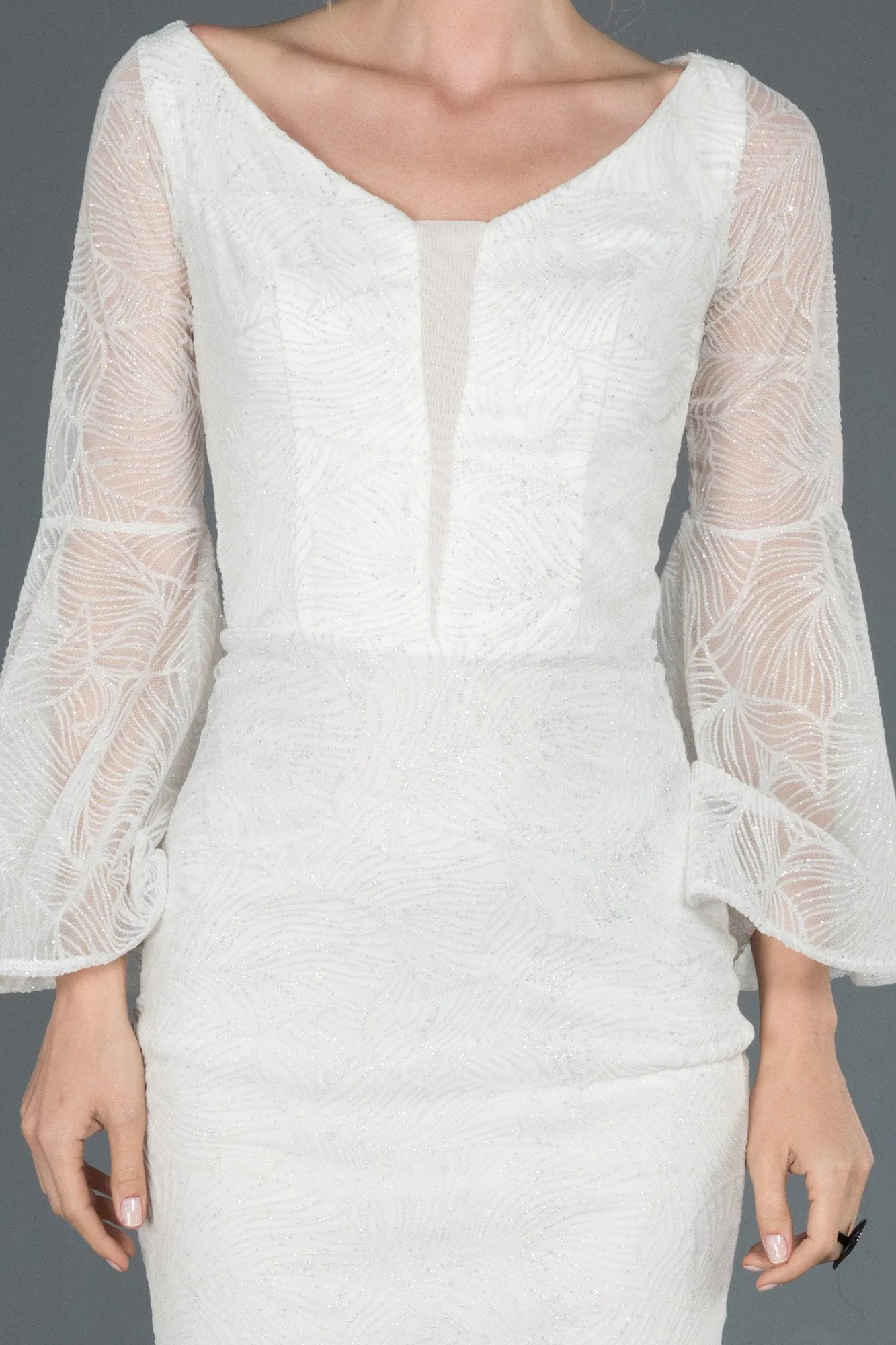 15989 Ecru Bell Sleeve Sequined Tulle Dress