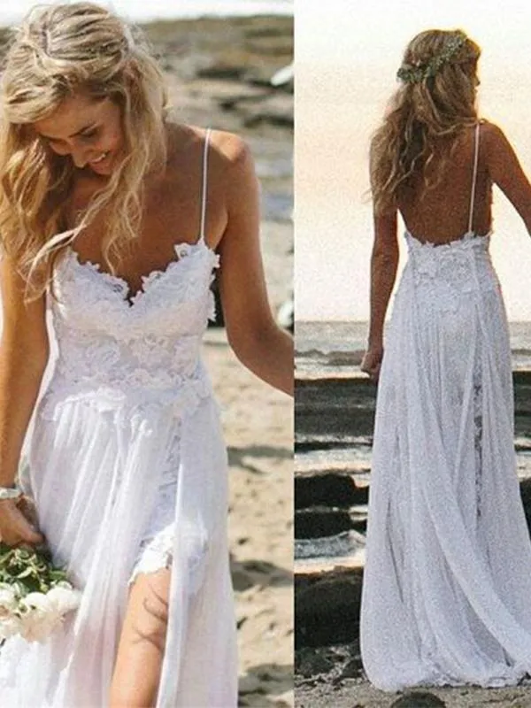 A Line Backless Lace Beach Wedding Dress Backless Bridal Gown
