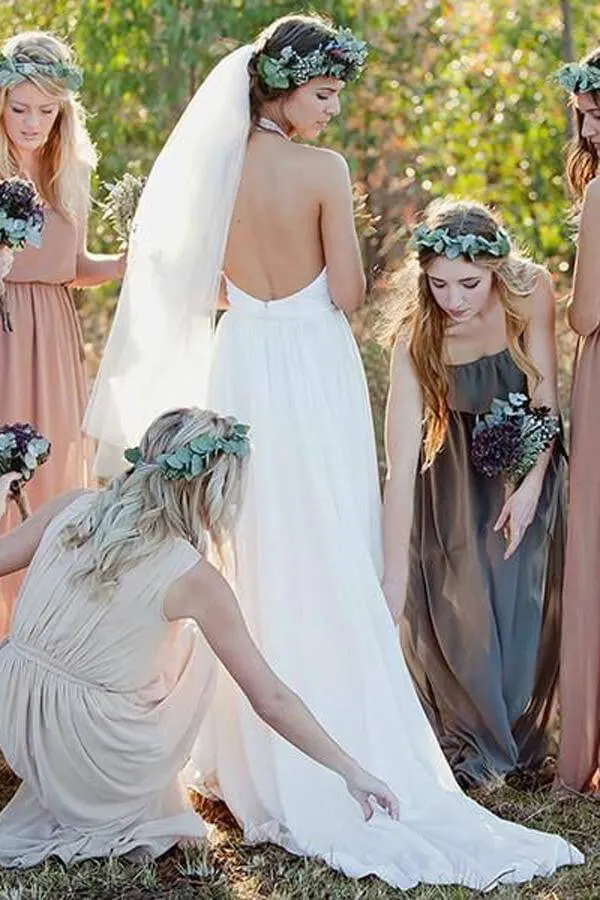 A-line Halter White Chiffon Weding Dress Backless Bridal Gown