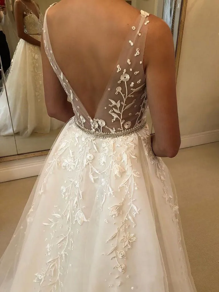 A Line Illusion Neck Lace Wedding Dress Rustic Bridal Dress