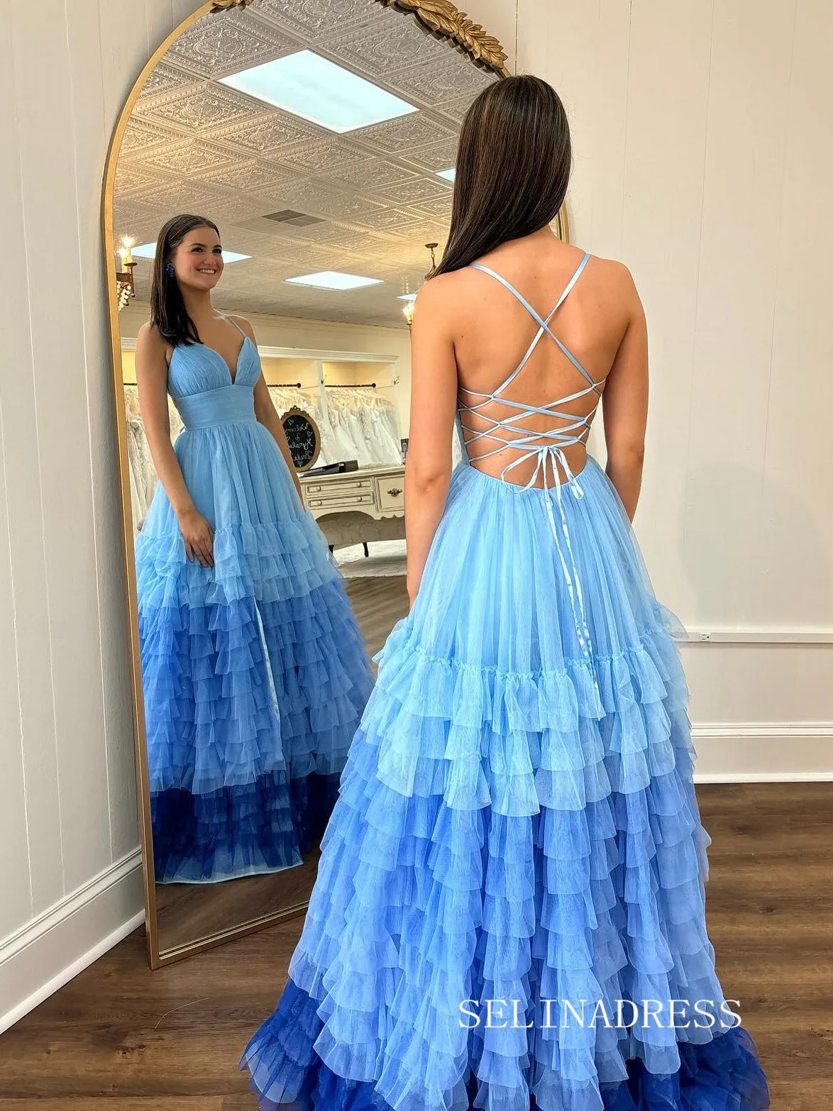 A-line Sky Blue Ombre Tiered Tulle Long Prom Dress With Slit SEW1152