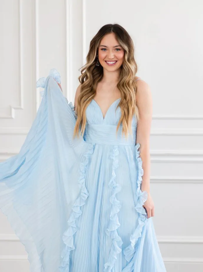 A-line Spaghetti Straps Light Sky Blue Chiffon Long Prom Dress sew1030
