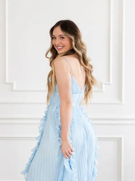 A-line Spaghetti Straps Light Sky Blue Chiffon Long Prom Dress sew1030