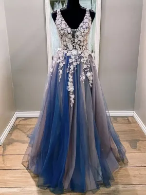 A Line V Neck Blue Lace Floral Long Prom Dresses, Blue Lace Formal Evening Dresses with