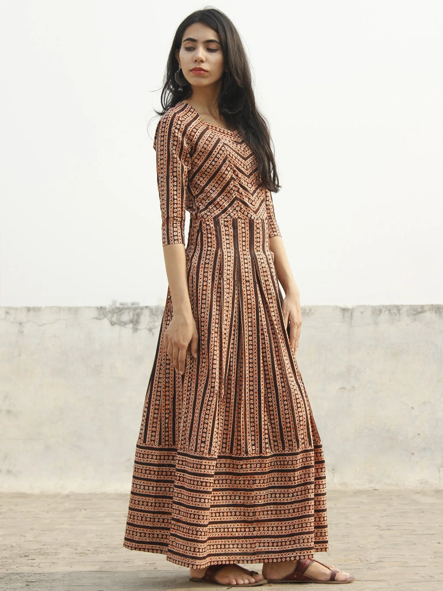 Beige Black Red Orange Long Hand Block Cotton Stripe Dress With Box Pleats  - D140F1077