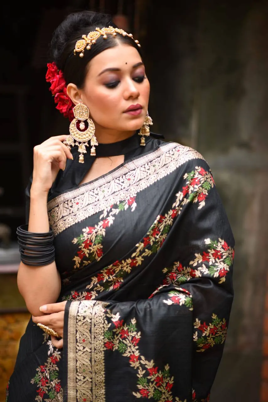 Black Floral Tusser Silk Zari Border Saree