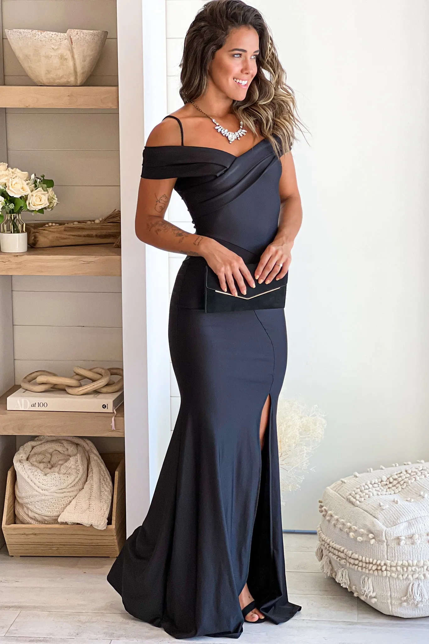 Black Off Shoulder Maxi Dress With Front Slit
