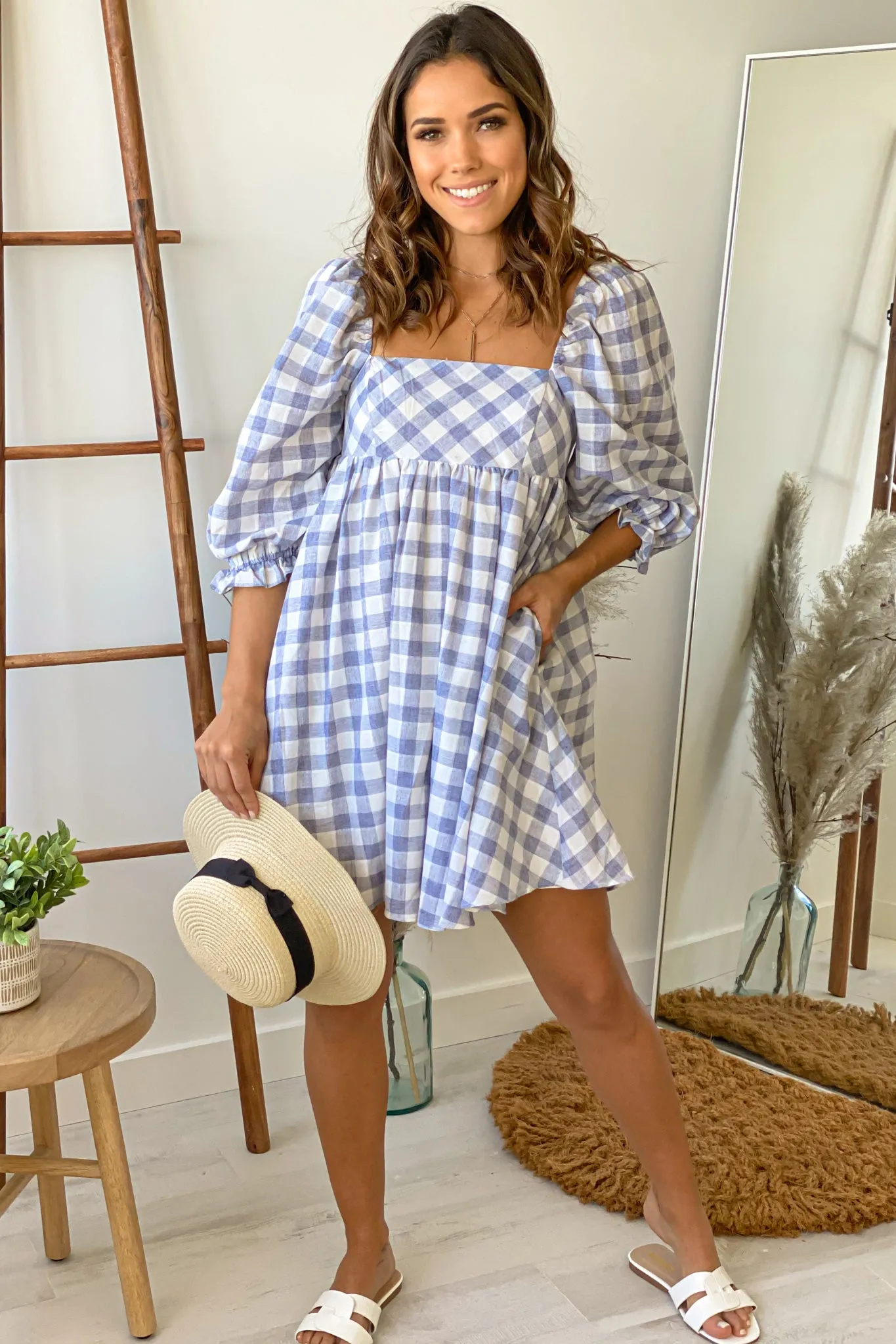 Blue Checkered Short Dress With Puff Sleeves