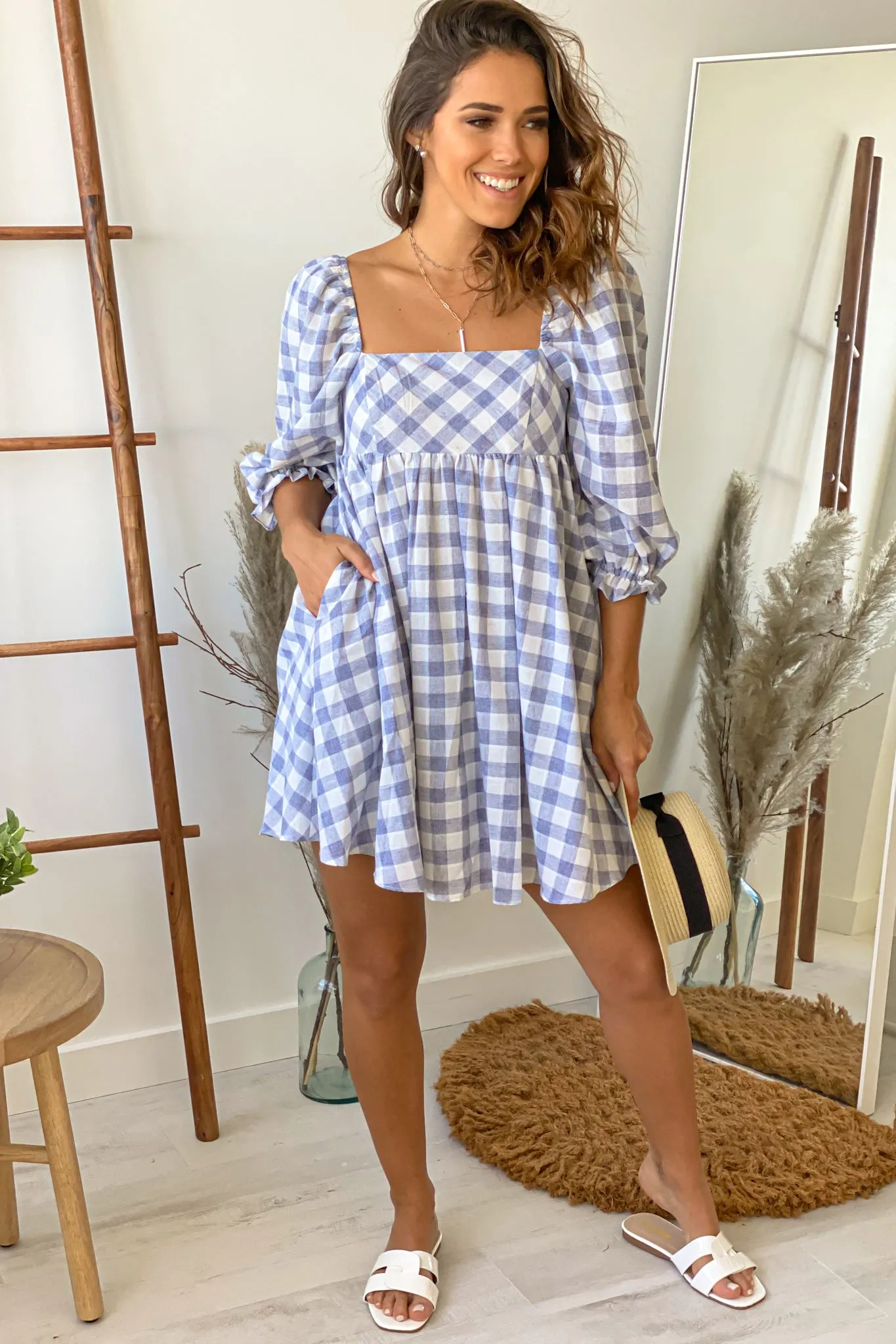 Blue Checkered Short Dress With Puff Sleeves