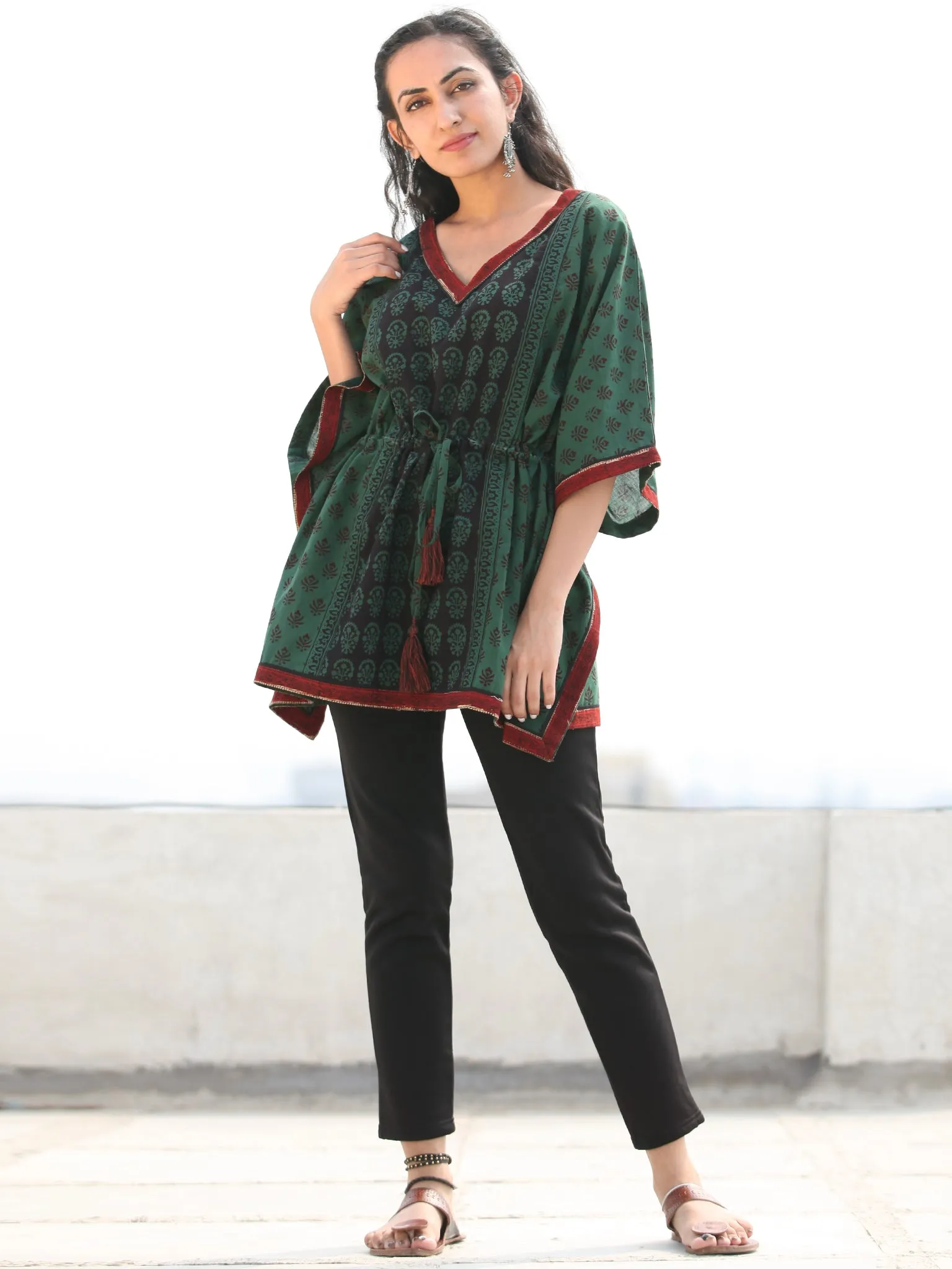 Bottle Green Maroon Bagh Hand Block Printed Short Kaftan - K135F2075