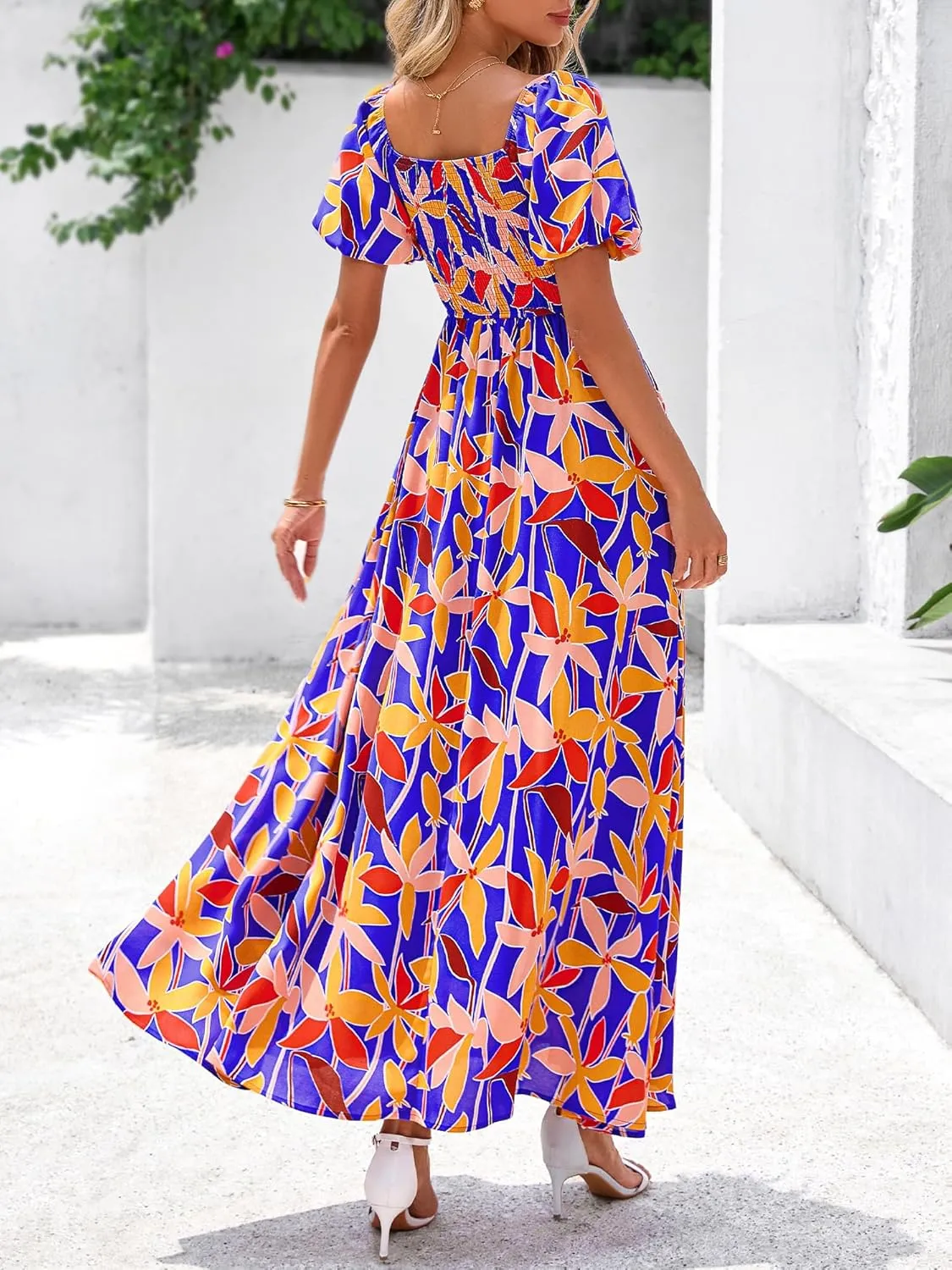 BTFBM Womens Summer 2025 Casual Maxi Dresses Short Sleeve Smocked Tiered Floral Boho Long Beach Dress with Pockets