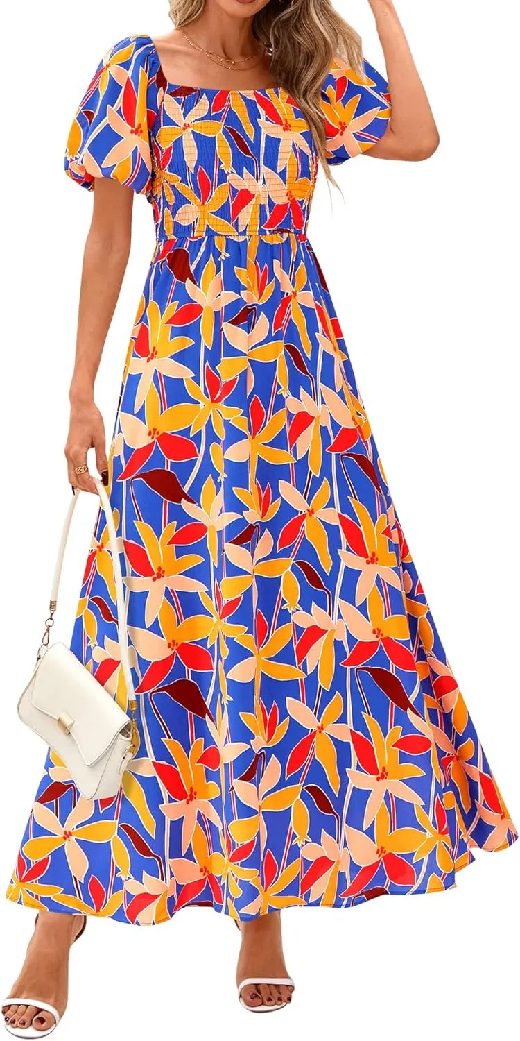 BTFBM Womens Summer 2025 Casual Maxi Dresses Short Sleeve Smocked Tiered Floral Boho Long Beach Dress with Pockets