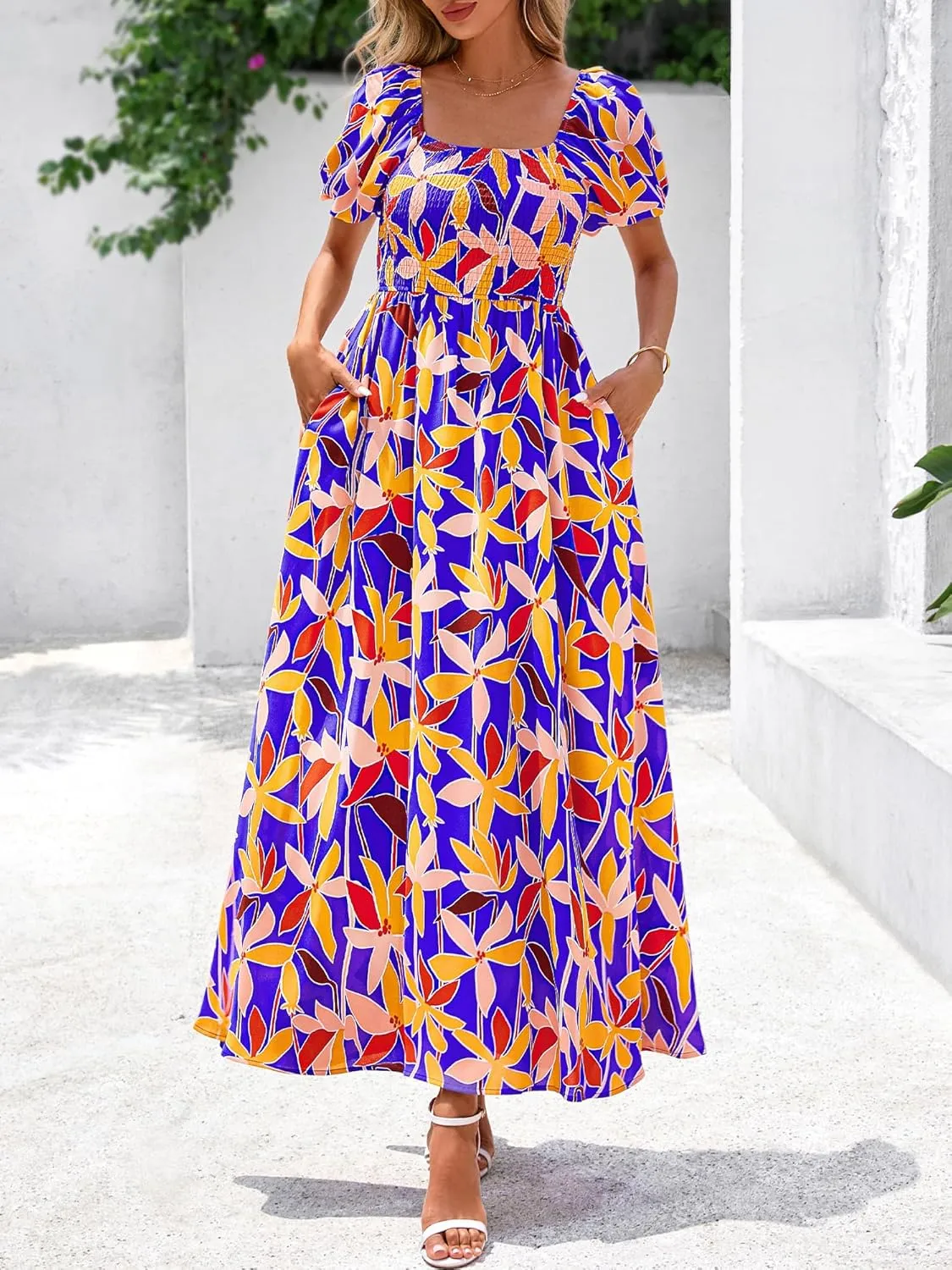 BTFBM Womens Summer 2025 Casual Maxi Dresses Short Sleeve Smocked Tiered Floral Boho Long Beach Dress with Pockets