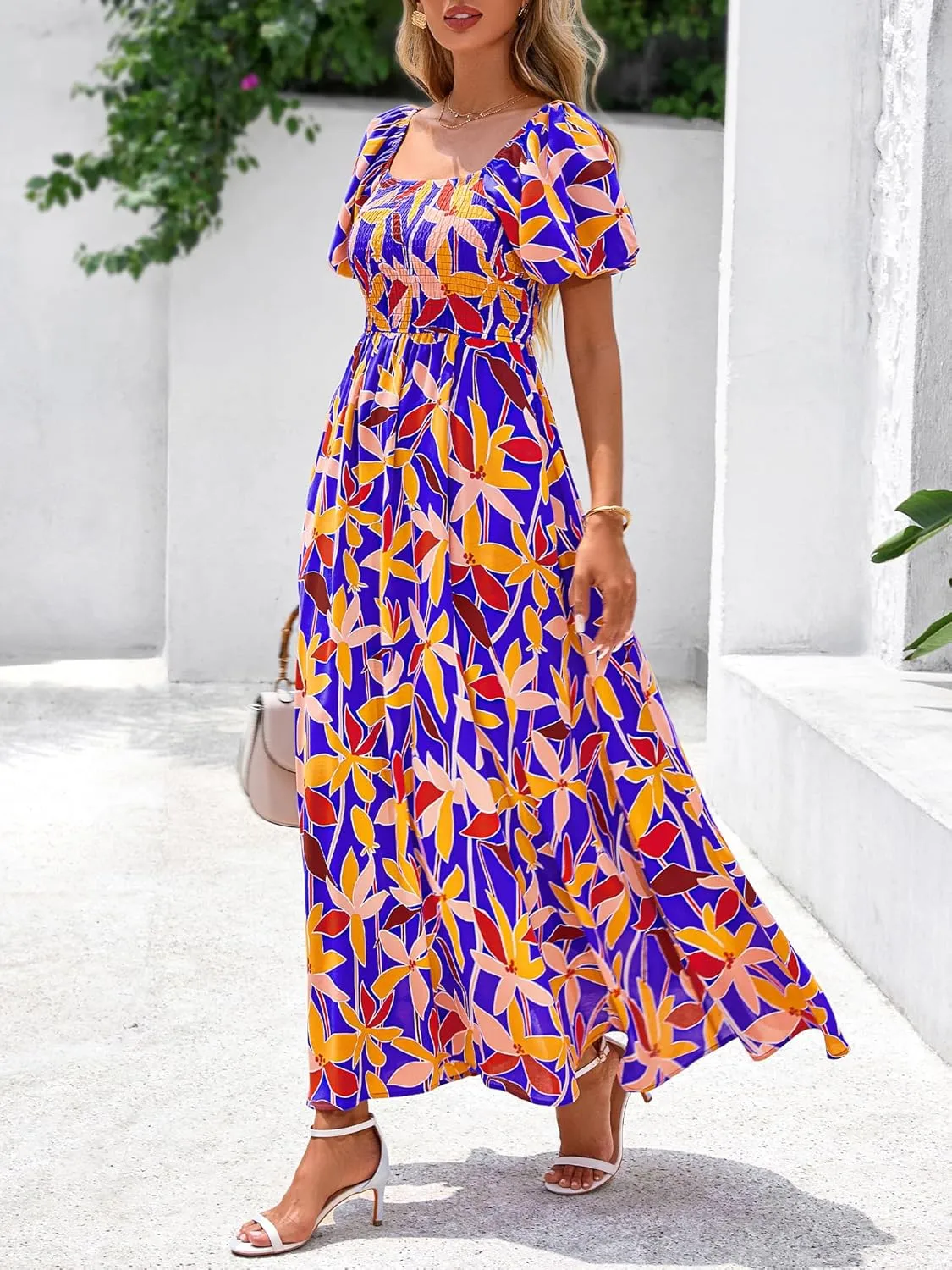 BTFBM Womens Summer 2025 Casual Maxi Dresses Short Sleeve Smocked Tiered Floral Boho Long Beach Dress with Pockets