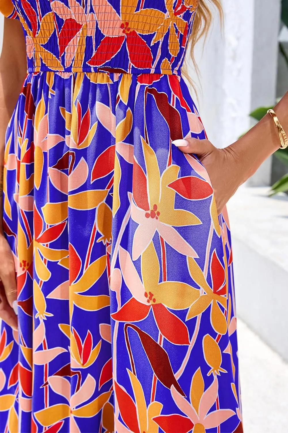 BTFBM Womens Summer 2025 Casual Maxi Dresses Short Sleeve Smocked Tiered Floral Boho Long Beach Dress with Pockets