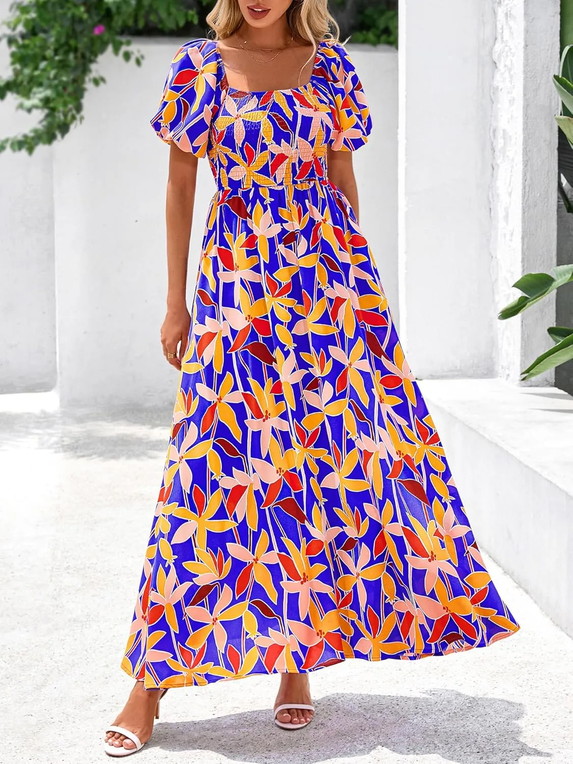 BTFBM Womens Summer 2025 Casual Maxi Dresses Short Sleeve Smocked Tiered Floral Boho Long Beach Dress with Pockets