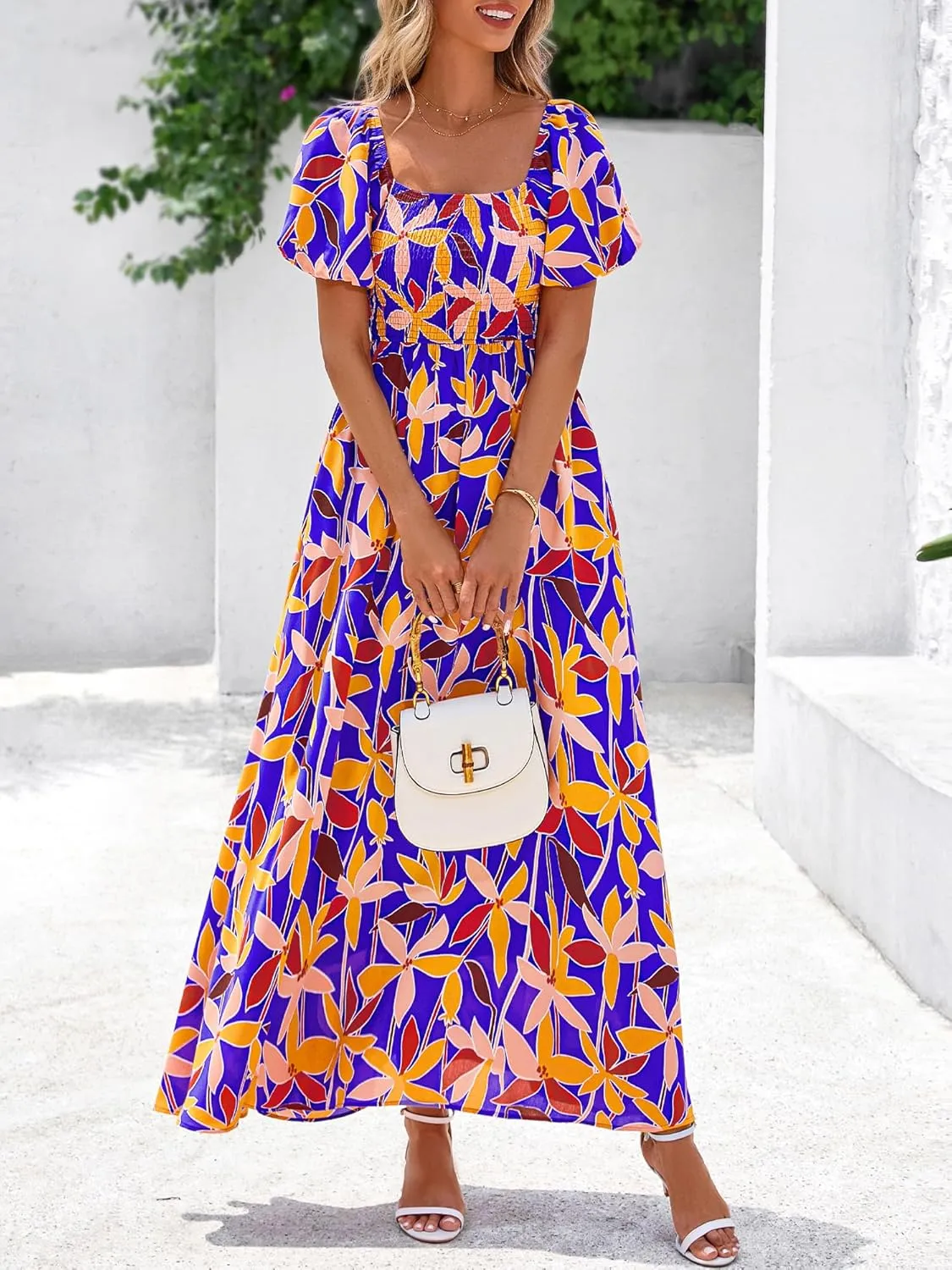 BTFBM Womens Summer 2025 Casual Maxi Dresses Short Sleeve Smocked Tiered Floral Boho Long Beach Dress with Pockets