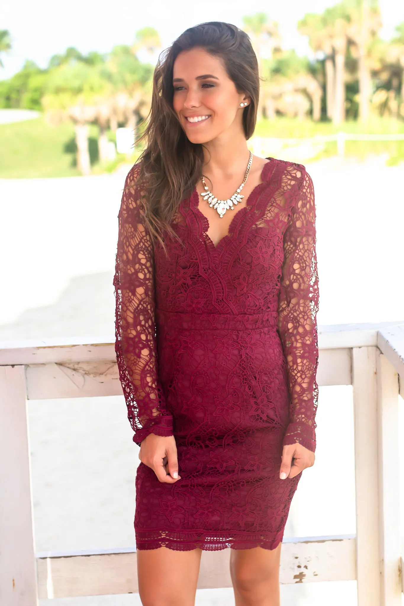 Burgundy Crochet Short Dress with Long Sleeves