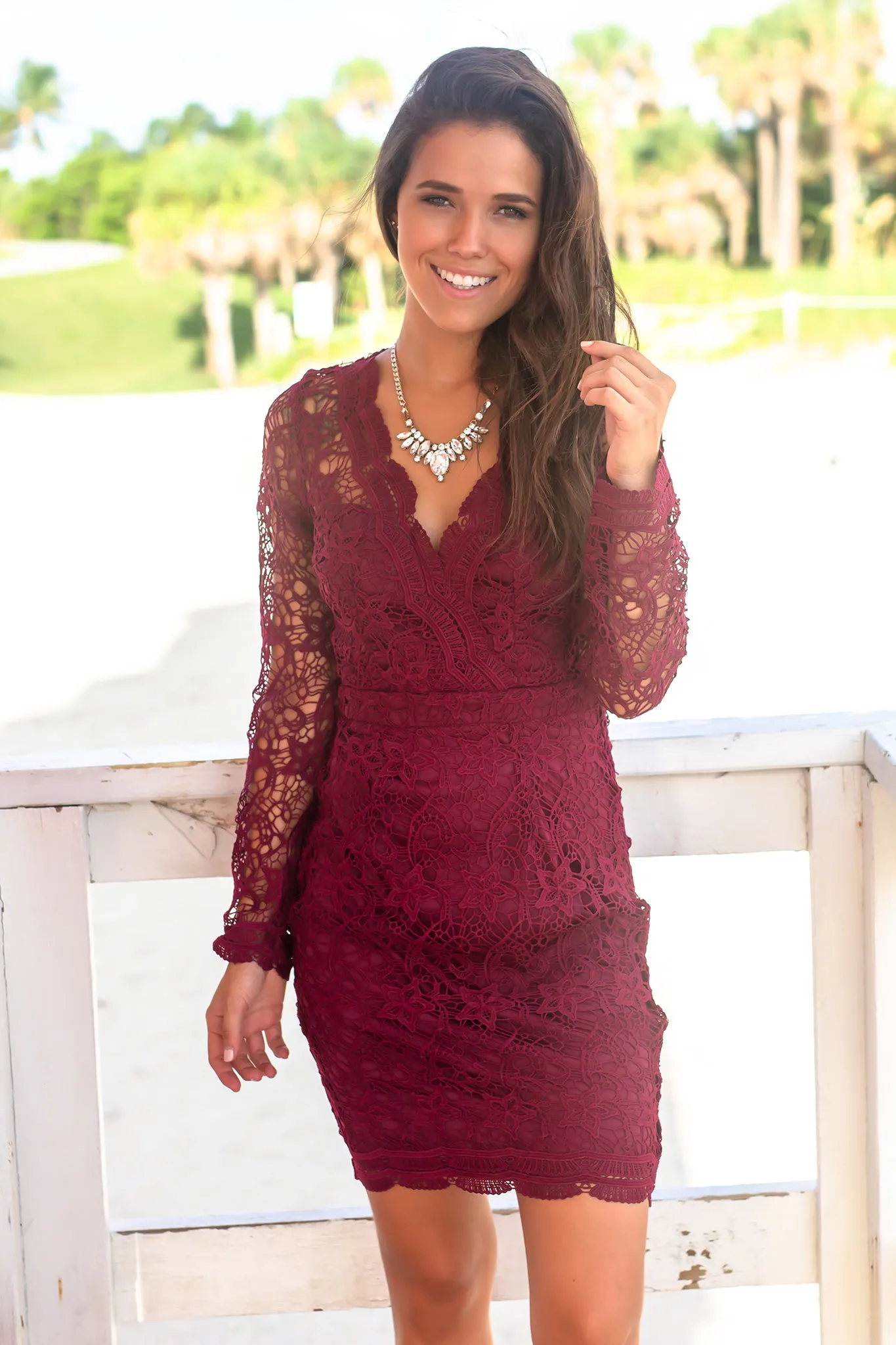 Burgundy Crochet Short Dress with Long Sleeves