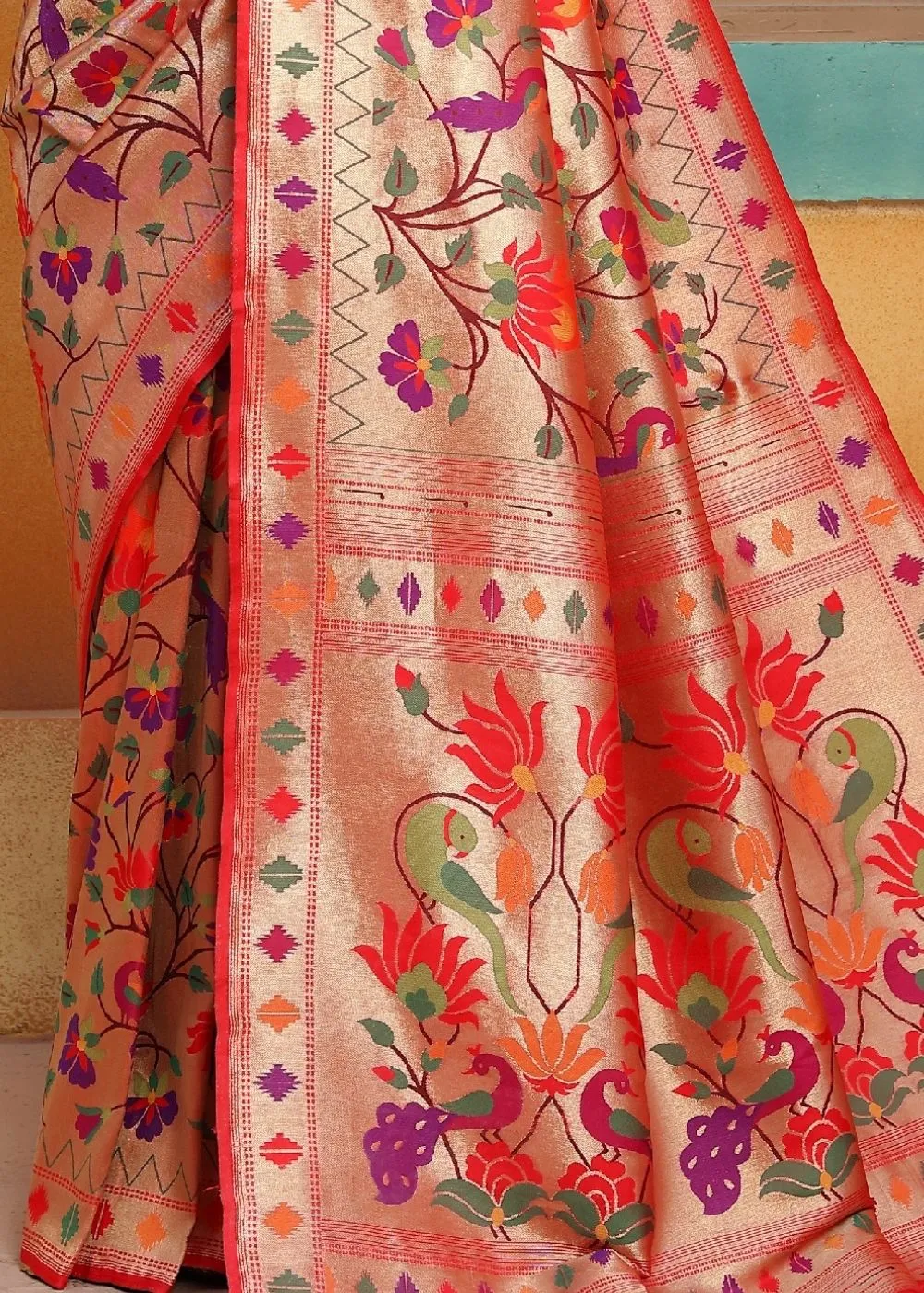 Cherry Red and Golden Blend  Paithani Silk Saree