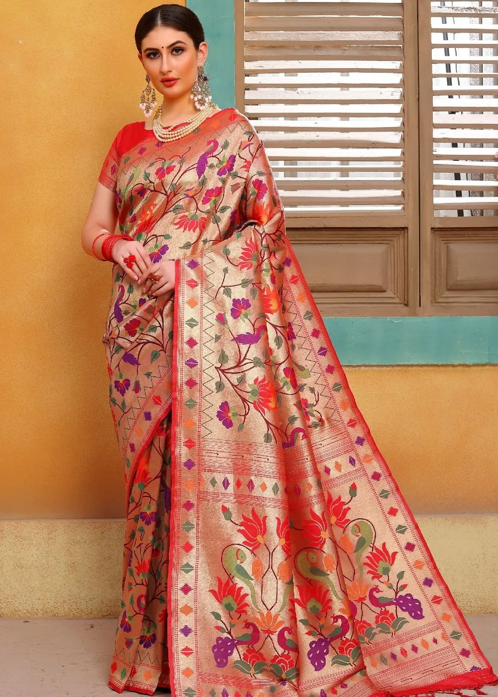 Cherry Red and Golden Blend  Paithani Silk Saree