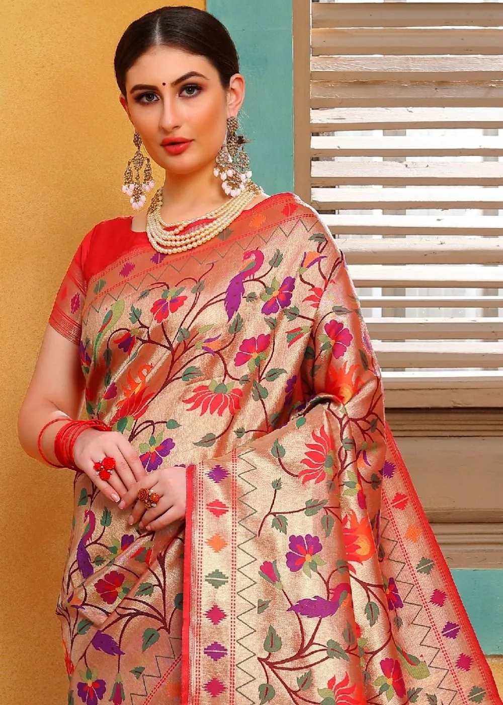 Cherry Red and Golden Blend  Paithani Silk Saree