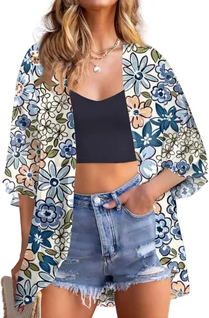 Chiffon Cardigans for Women Floral Bat Sleeve Kimono Lightweight Cardigan Loose Beach Cover Up Tops