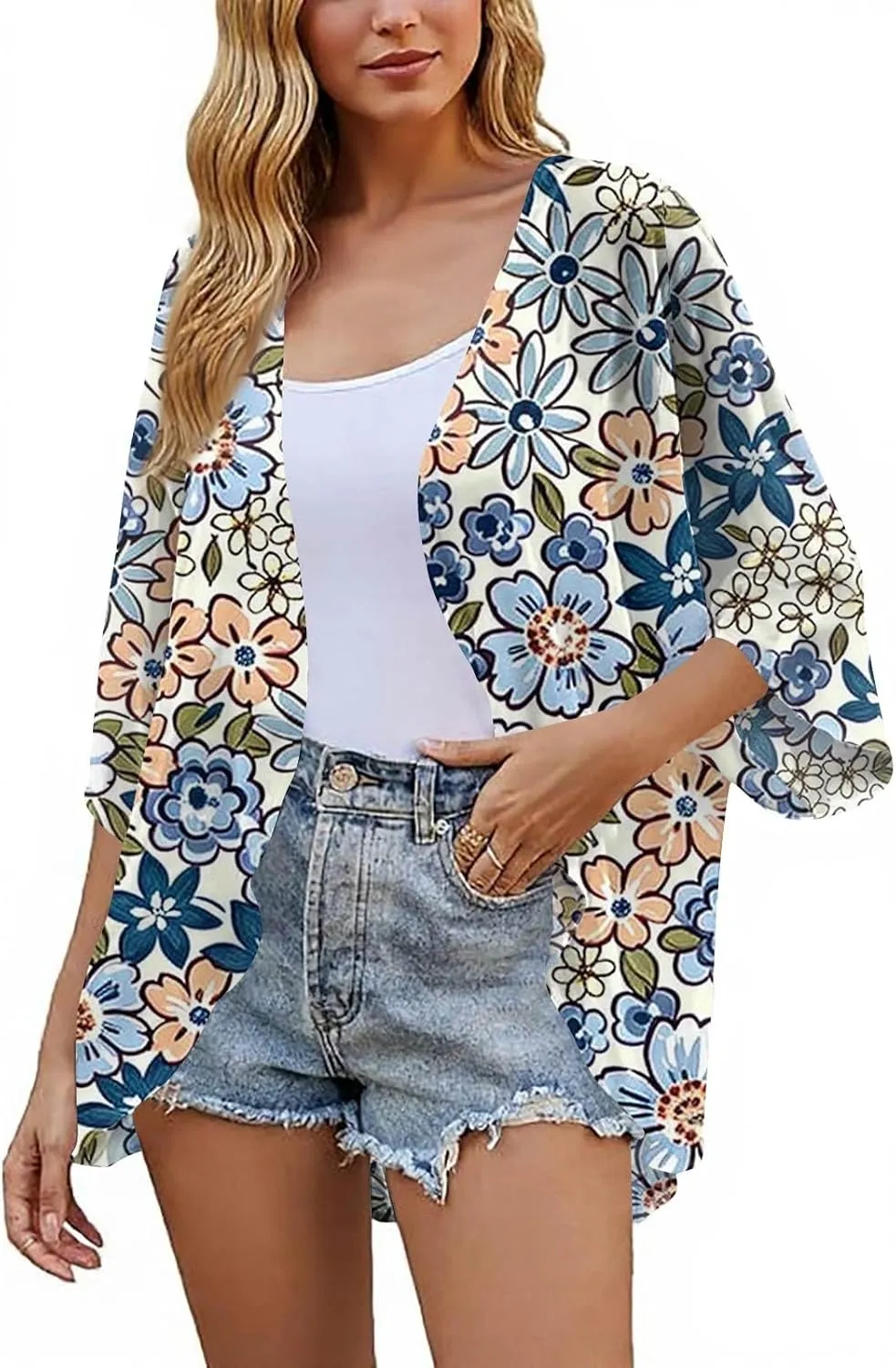 Chiffon Cardigans for Women Floral Bat Sleeve Kimono Lightweight Cardigan Loose Beach Cover Up Tops