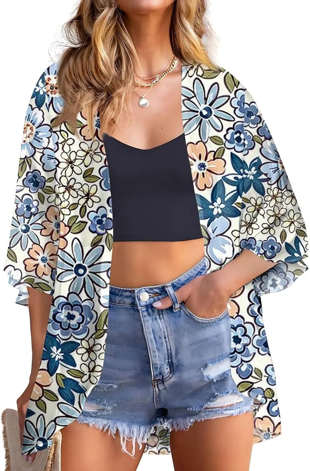 Chiffon Cardigans for Women Floral Bat Sleeve Kimono Lightweight Cardigan Loose Beach Cover Up Tops