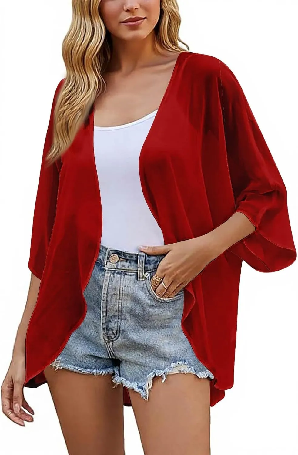 Chiffon Cardigans for Women Floral Bat Sleeve Kimono Lightweight Cardigan Loose Beach Cover Up Tops