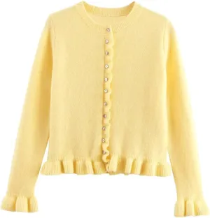 Cioatin Women Y2K Ruffle Knit Open Front Button Down Sweater Cardigan Long Sleeve Crewneck Lightweight Pullover Fall Outfits