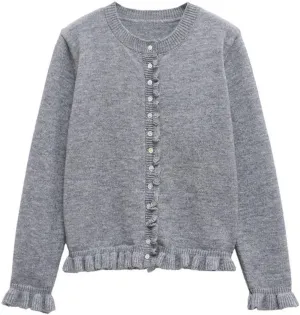 Cioatin Women Y2K Ruffle Knit Open Front Button Down Sweater Cardigan Long Sleeve Crewneck Lightweight Pullover Fall Outfits