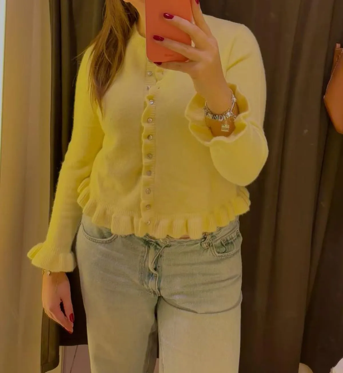 Cioatin Women Y2K Ruffle Knit Open Front Button Down Sweater Cardigan Long Sleeve Crewneck Lightweight Pullover Fall Outfits