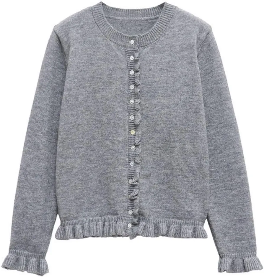 Cioatin Women Y2K Ruffle Knit Open Front Button Down Sweater Cardigan Long Sleeve Crewneck Lightweight Pullover Fall Outfits