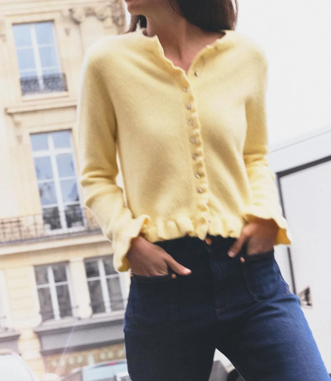 Cioatin Women Y2K Ruffle Knit Open Front Button Down Sweater Cardigan Long Sleeve Crewneck Lightweight Pullover Fall Outfits