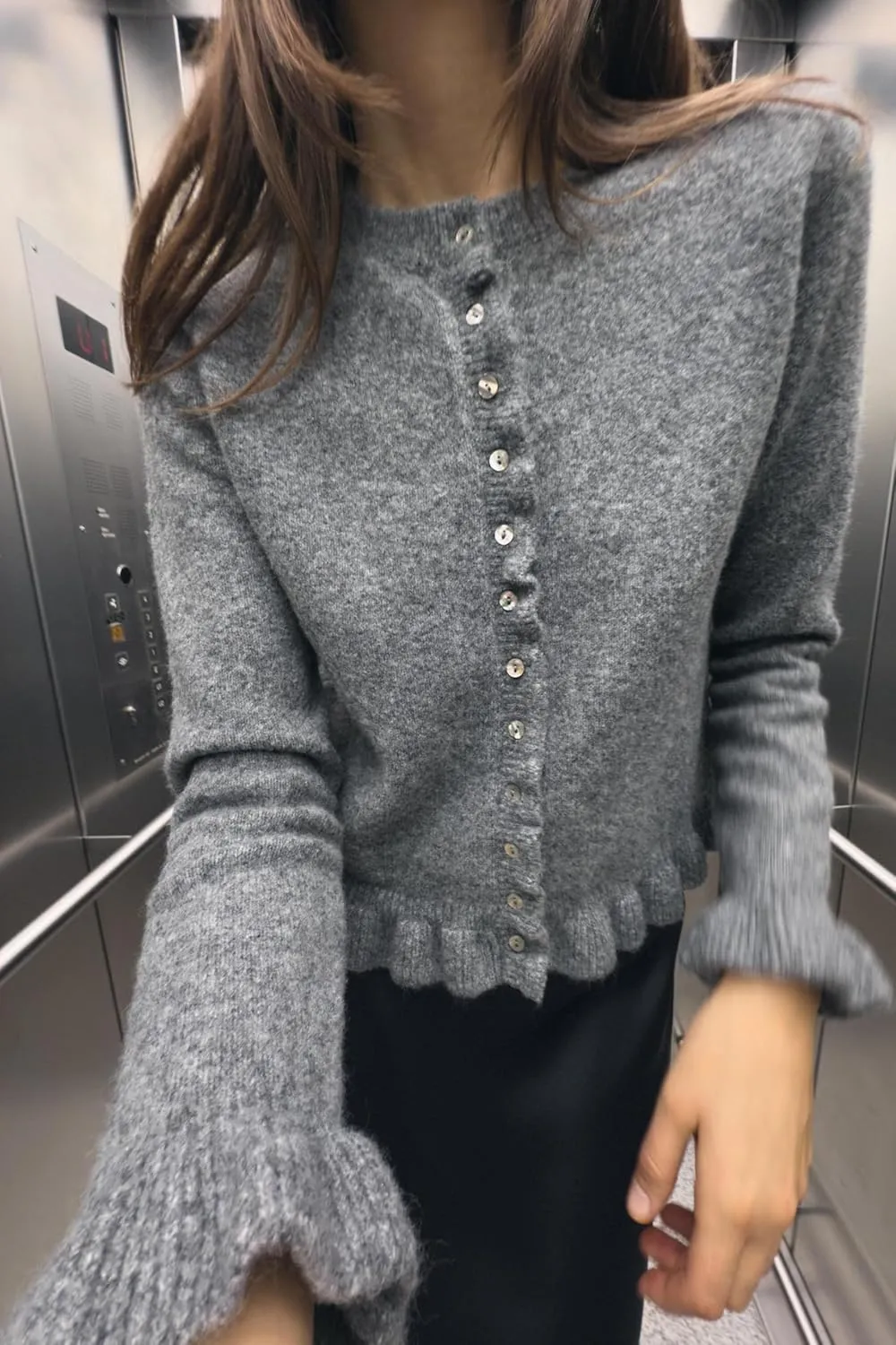 Cioatin Women Y2K Ruffle Knit Open Front Button Down Sweater Cardigan Long Sleeve Crewneck Lightweight Pullover Fall Outfits