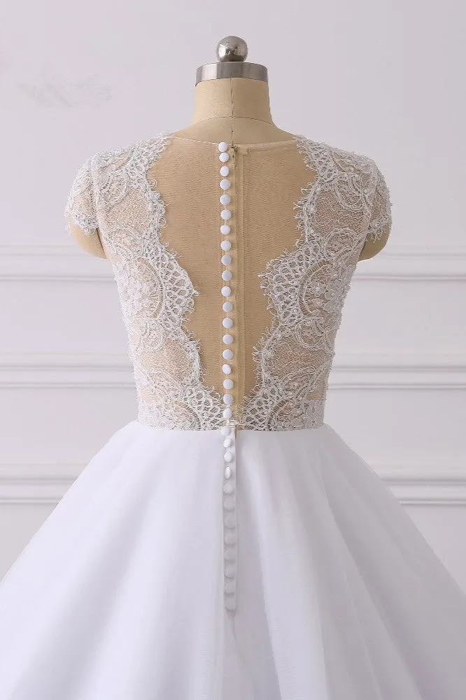 Classic Cap sleeves V neck White Ball Gown Lace Wedding Dress