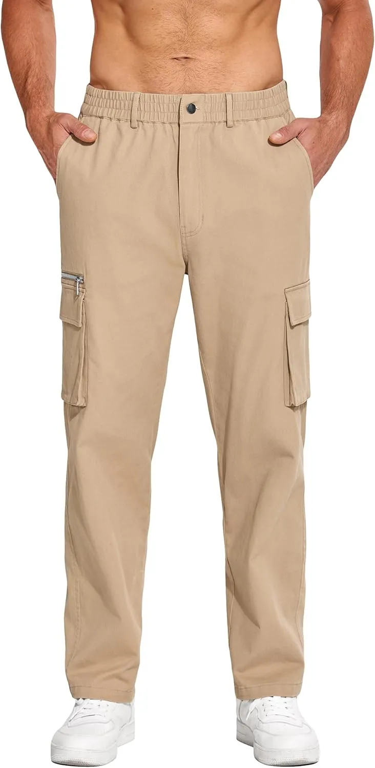 COOFANDY Men's Cotton Cargo Pants Relaxed Fit Elastic Waist Casual Pants Stretch Work Cargo Pant with Pockets