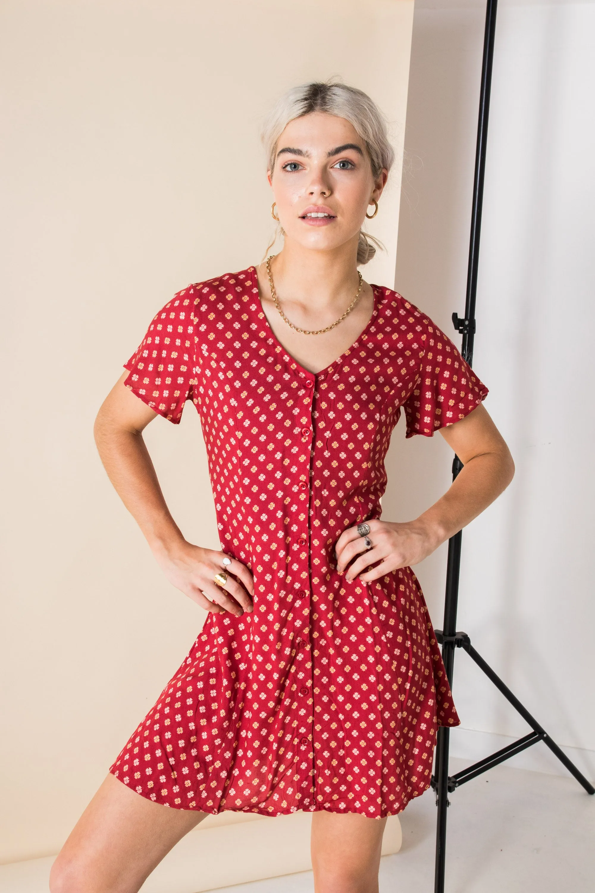 Daisy Street Skater Dress in Red Orange Floral Print