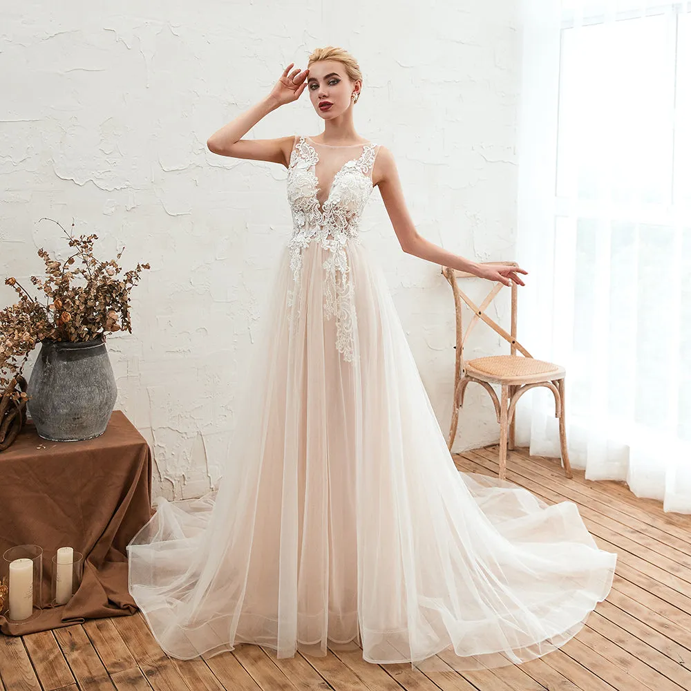 Delicate A-Line Bateau Tulle Open Back Wedding Dress with Floral Lace