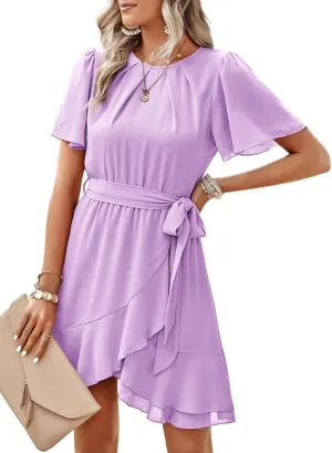 Dokotoo Womens Summer Dresses 2025 Crewneck Short Sleeve Waist Tie Ruffle Casual Chiffon A-Line Swing Mini Dress