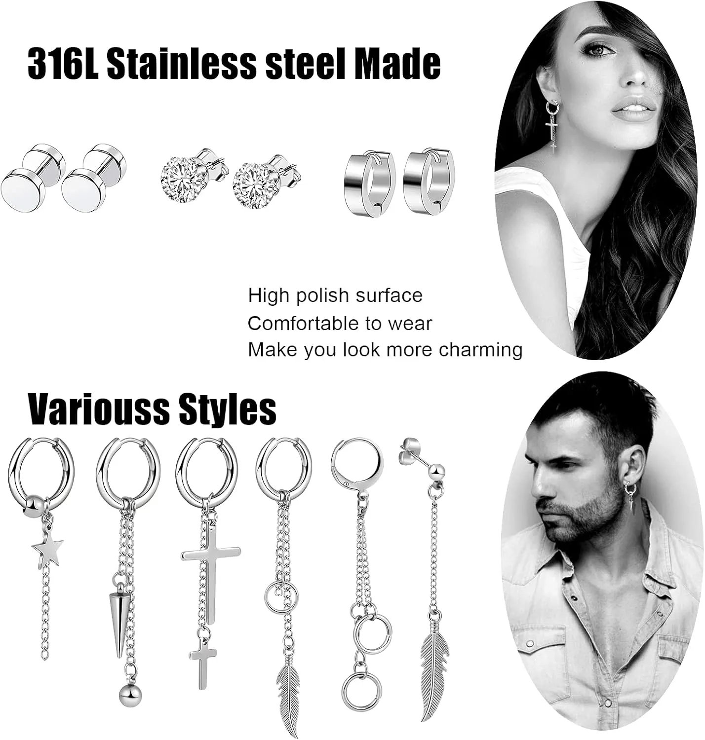 Earrings For Men Women, 24 Pieces Stainless Steel Cross Hinged Hoop Dangle Earrings For Men Women