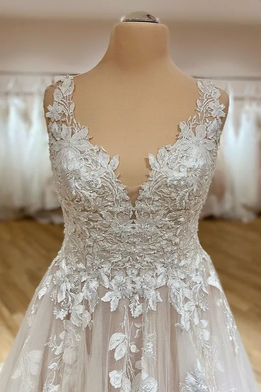Elegant Long A-Line Sweetheart Appliques Lace Tulle Wedding Dress