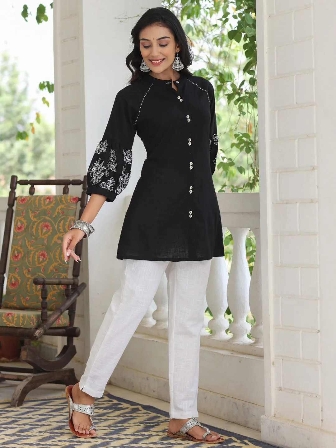Embroidered Black Puffed Sleeves Long Cotton  Shirt