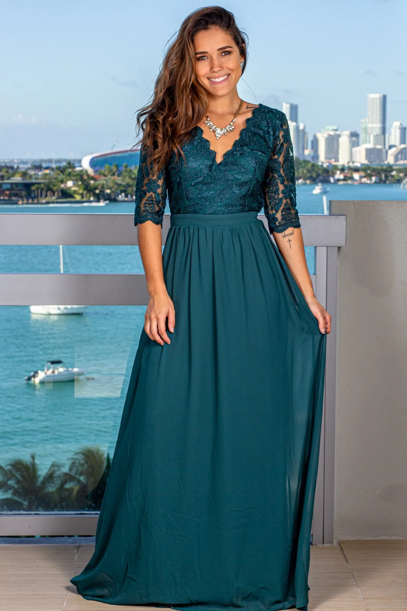 Emerald Embroidered Top Maxi Dress with 3/4 Sleeves