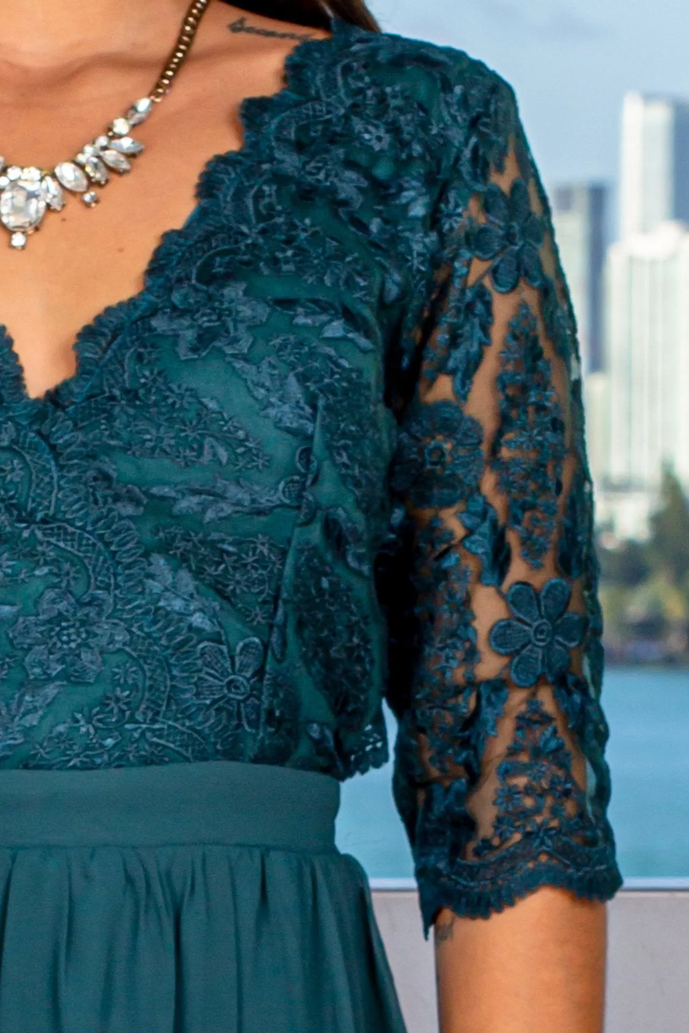 Emerald Embroidered Top Maxi Dress with 3/4 Sleeves