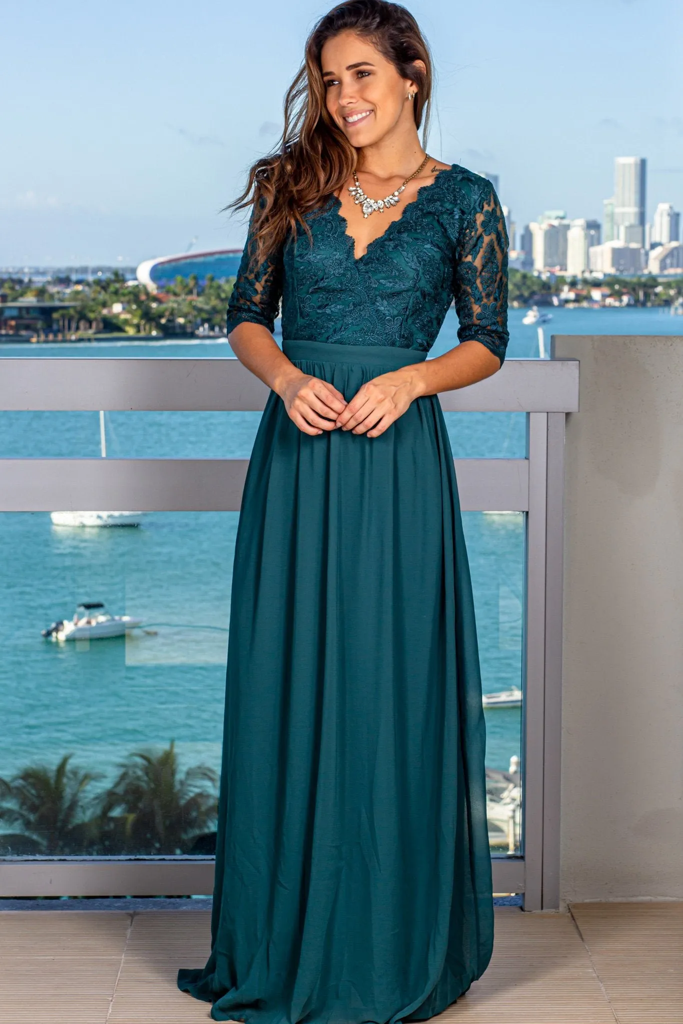 Emerald Embroidered Top Maxi Dress with 3/4 Sleeves