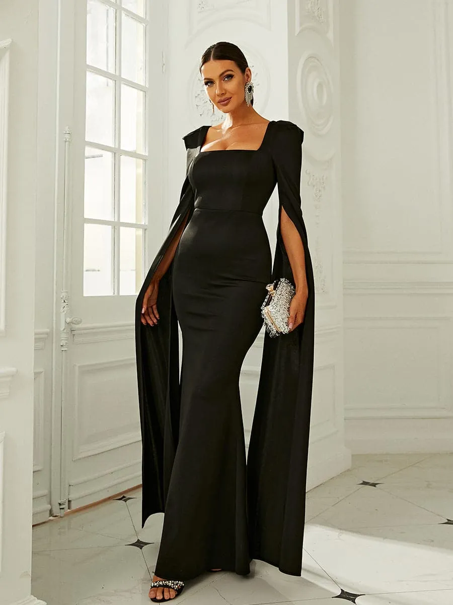 Formal Square Neck Long Sleeve Black Prom Dress XJ878