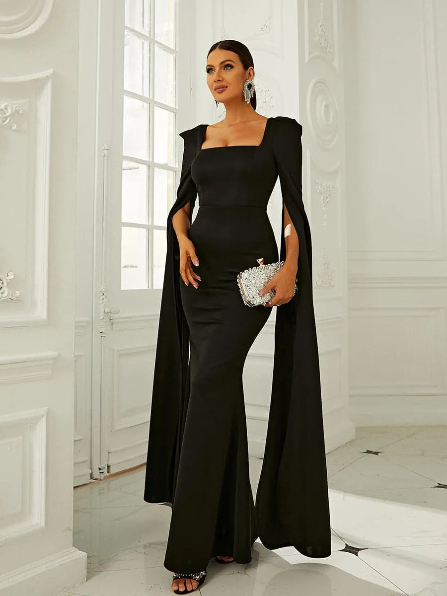 Formal Square Neck Long Sleeve Black Prom Dress XJ878
